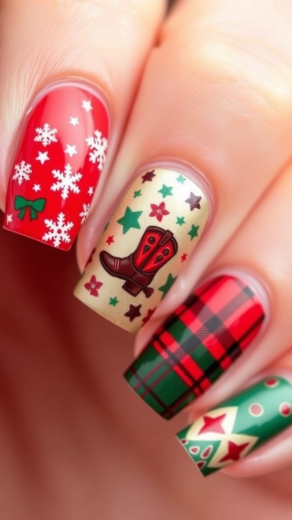 Western-themed Christmas nail art with snowflakes and cowboy boots on red and green nails.